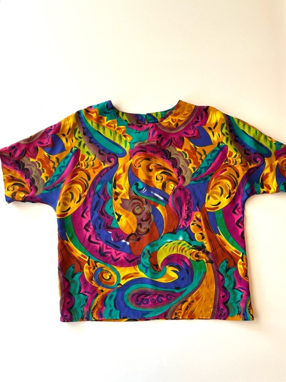 Vintage Vibrant Multicolor Paisley Print Boxy Blouse Silky Abstract Wild Funky